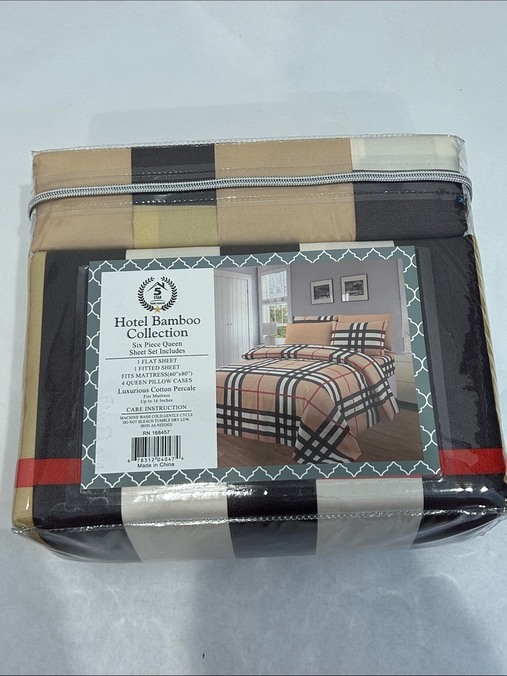 Hotel bamboo collection nova check Tan Black Plaid Six-Piece Sheet Set Queen new